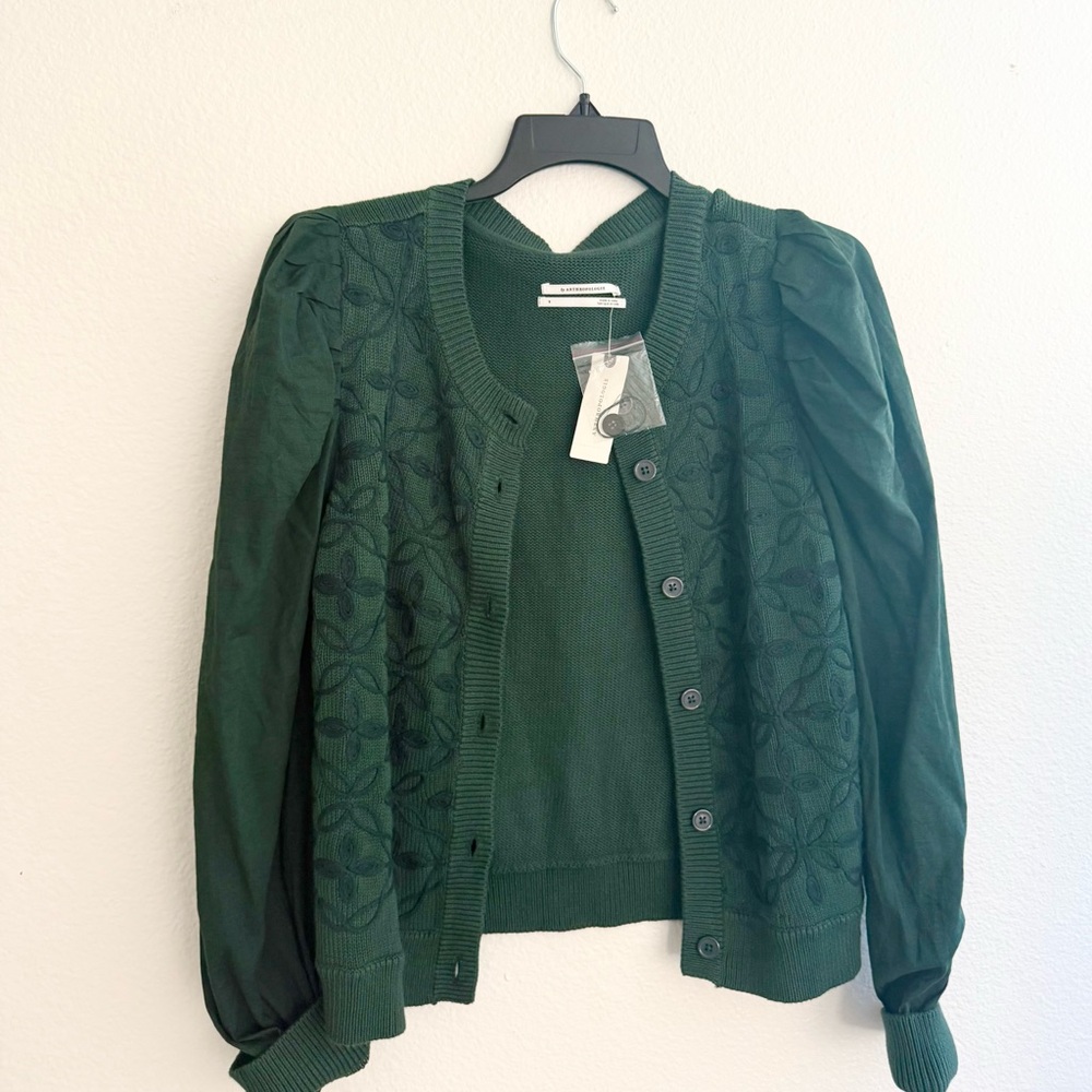 Anthropologie Green Embroidered Cardigan Sweater size small NWT